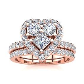 1 Carat Heart Halo Diamond Bridal Set in 14k Rose Gold