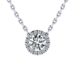 7/8ct Halo Natural Diamond Necklace In 14K White Gold