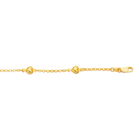14 Karat Yellow Gold 10 Inch Shiny Rolo Chain Link & Puffed Heart Anklet