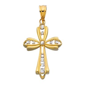 14 Karat Yellow & White Gold 30x17mm Shiny Natural Diamond Cut Fancy Cross Pendant