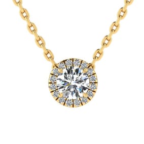 7/8ct Halo Natural Diamond Necklace In 14K Yellow Gold