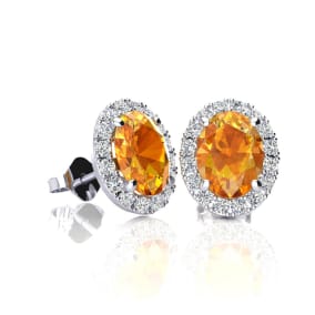 1 Carat Oval Shape Citrine and Halo Diamond Stud Earrings In 14 Karat White Gold