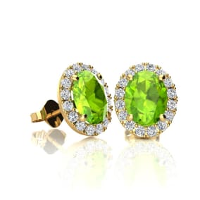 1 Carat Oval Shape Peridot and Halo Diamond Stud Earrings In 14 Karat Yellow Gold