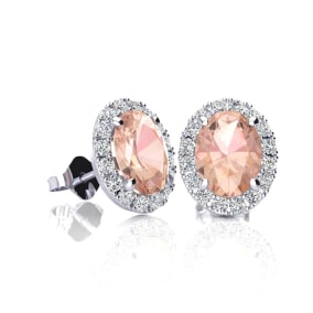 1 Carat Oval Shape Morganite Earrings and Diamond Halo In 14 Karat White Gold