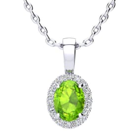 1 Carat Oval Shape Peridot and Halo Diamond Necklace In 14 Karat White Gold With 18 Inch Chain