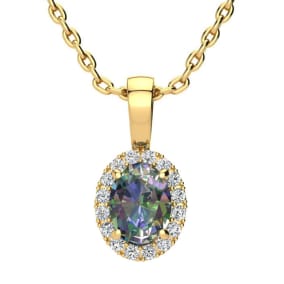 1 Carat Oval Shape Mystic Topaz Necklace With Diamond Halo In 14 Karat Yellow Gold, 18 Inches