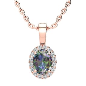 1 Carat Oval Shape Mystic Topaz Necklace With Diamond Halo In 14 Karat Rose Gold, 18 Inches