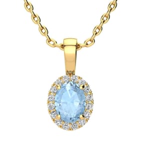 0.90 Carat Oval Shape Aquamarine and Halo Diamond Necklace In 14 Karat Yellow Gold With 18 Inch Chain
