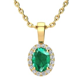 9/10 Carat Oval Shape Emerald Necklaces With Diamond Halo In 14 Karat Yellow Gold, 18 Inch Chain