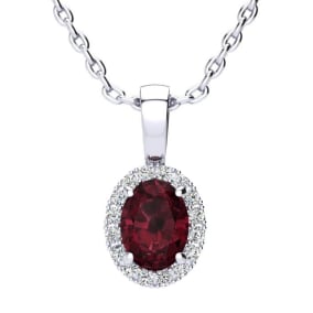 1 Carat Oval Shape Garnet and Halo Diamond Necklace In 14 Karat White Gold With 18 Inch Chain