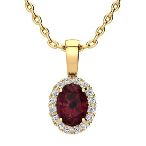 Garnet Necklace: Garnet Jewelry: 1 Carat Oval Shape Garnet and Halo Diamond Necklace In 14 Karat Yellow Gold With 18 Inch Chain