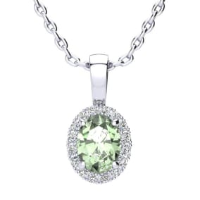 3/4 Carat Oval Shape Green Amethyst and Halo Diamond Necklace In 14 Karat White Gold With 18 Inch Chain