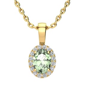 3/4 Carat Oval Shape Green Amethyst and Halo Diamond Necklace In 14 Karat Yellow Gold With 18 Inch Chain
