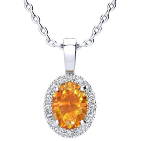 1 1/4 Carat Oval Shape Citrine and Halo Diamond Necklace In 14 Karat White Gold With 18 Inch Chain