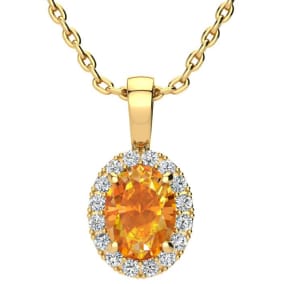 1 1/4 Carat Oval Shape Citrine and Halo Diamond Necklace In 14 Karat Yellow Gold With 18 Inch Chain