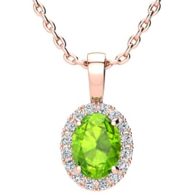 1 1/2 Carat Oval Shape Peridot and Halo Diamond Necklace In 14 Karat Rose Gold With 18 Inch Chain