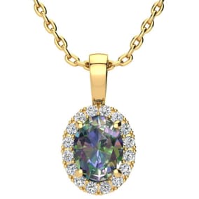 1-1/2 Carat Oval Shape Mystic Topaz Necklace With Diamond Halo In 14 Karat Yellow Gold, 18 Inches