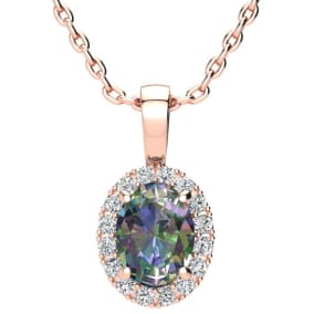 1-1/2 Carat Oval Shape Mystic Topaz Necklace With Diamond Halo In 14 Karat Rose Gold, 18 Inches