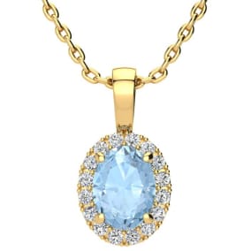 1 1/3 Carat Oval Shape Aquamarine and Halo Diamond Necklace In 14 Karat Yellow Gold With 18 Inch Chain