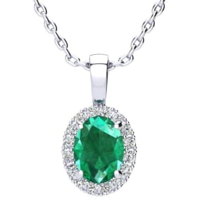 1-1/3 Carat Oval Shape Emerald Necklaces With Diamond Halo In 14 Karat White Gold, 18 Inch Chain