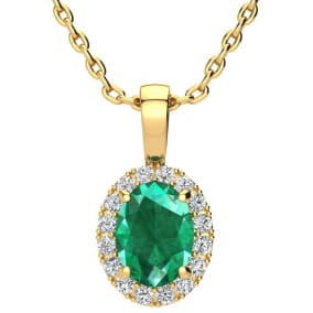 1-1/3 Carat Oval Shape Emerald Necklaces With Diamond Halo In 14 Karat Yellow Gold, 18 Inch Chain