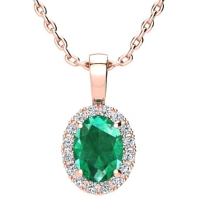 1-1/3 Carat Oval Shape Emerald Necklaces With Diamond Halo In 14 Karat Rose Gold, 18 Inch Chain