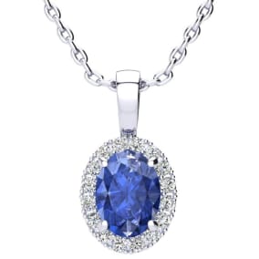 1 1/2 Carat Oval Shape Tanzanite and Halo Diamond Necklace In 14 Karat White Gold With 18 Inch Chain