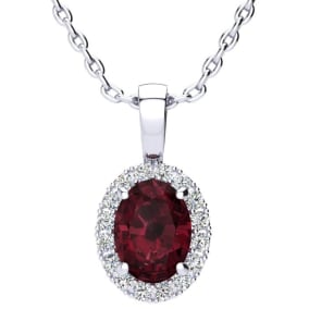 Garnet Necklace: Garnet Jewelry: 1 1/2 Carat Oval Shape Garnet and Halo Diamond Necklace In 14 Karat White Gold With 18 Inch Chain