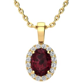 Garnet Necklace: Garnet Jewelry: 1 1/2 Carat Oval Shape Garnet and Halo Diamond Necklace In 14 Karat Yellow Gold With 18 Inch Chain