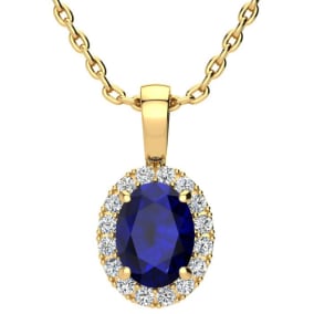 1 3/4 Carat Oval Shape Sapphire and Halo Diamond Necklace In 14 Karat Yellow Gold With 18 Inch Chain