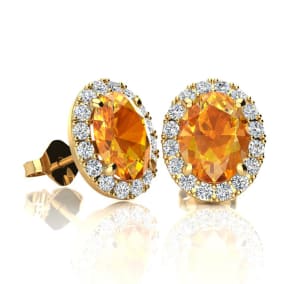 1 1/2 Carat Oval Shape Citrine and Halo Diamond Stud Earrings In 14 Karat Yellow Gold