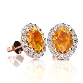 1 1/2 Carat Oval Shape Citrine and Halo Diamond Stud Earrings In 14 Karat Rose Gold