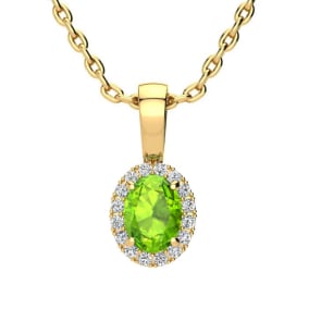 1/2 Carat Oval Shape Peridot and Halo Diamond Necklace In 14 Karat Yellow Gold With 18 Inch Chain