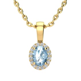0.62 Carat Oval Shape Blue Topaz and Halo Diamond Necklace In 14 Karat Yellow Gold With 18 Inch Chain