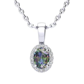 5/8 Carat Oval Shape Mystic Topaz Necklace  With Diamond Halo In 14 Karat White Gold, 18 Inches