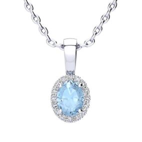 1/2 Carat Oval Shape Aquamarine and Halo Diamond Necklace In 14 Karat White Gold With 18 Inch Chain
