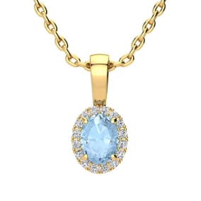 1/2 Carat Oval Shape Aquamarine and Halo Diamond Necklace In 14 Karat Yellow Gold With 18 Inch Chain