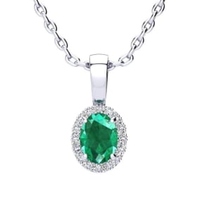 1/2 Carat Oval Shape Emerald Necklaces With Diamond Halo In 14 Karat White Gold, 18 Inch Chain