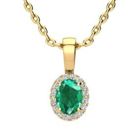 1/2 Carat Oval Shape Emerald Necklaces With Diamond Halo In 14 Karat Yellow Gold, 18 Inch Chain