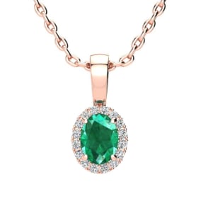 1/2 Carat Oval Shape Emerald Necklaces With Diamond Halo In 14 Karat Rose Gold, 18 Inch Chain