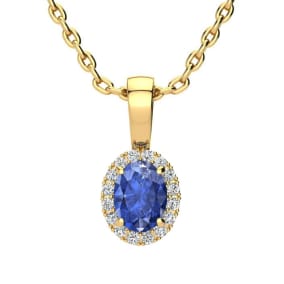 0.62 Carat Oval Shape Tanzanite and Halo Diamond Necklace In 14 Karat Yellow Gold With 18 Inch Chain