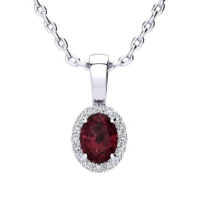 0.62 Carat Oval Shape Garnet and Halo Diamond Necklace In 14 Karat White Gold With 18 Inch Chain