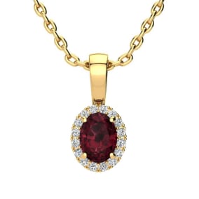 0.62 Carat Oval Shape Garnet and Halo Diamond Necklace In 14 Karat Yellow Gold With 18 Inch Chain
