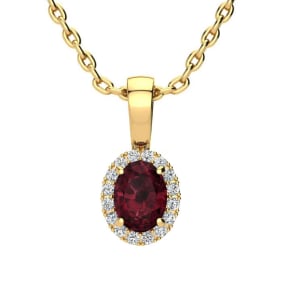 Garnet Necklace: Garnet Jewelry: 0.62 Carat Oval Shape Garnet and Halo Diamond Necklace In 14 Karat Yellow Gold With 18 Inch Chain