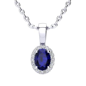 0.67 Carat Oval Shape Sapphire and Halo Diamond Necklace In 14 Karat White Gold With 18 Inch Chain
