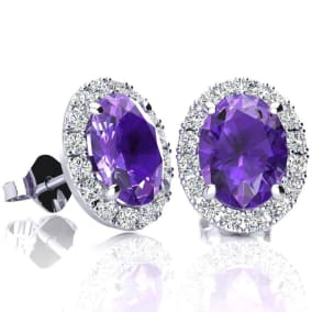 2.40 Carat Oval Shape Amethyst and Halo Diamond Stud Earrings In 14 Karat White Gold