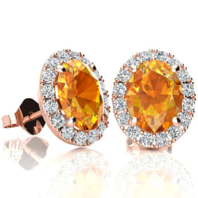 2.40 Carat Oval Shape Citrine and Halo Diamond Stud Earrings In 14 Karat Rose Gold