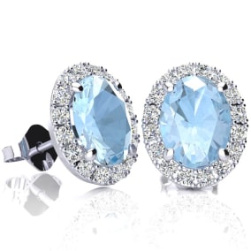 2 1/2 Carat Oval Shape Aquamarine and Halo Diamond Stud Earrings In 14 Karat White Gold