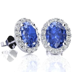 2.90 Carat Oval Shape Tanzanite and Halo Diamond Stud Earrings In 14 Karat White Gold