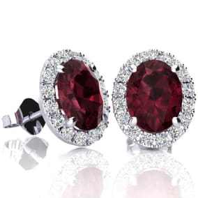 3 1/4 Carat Oval Shape Garnet and Halo Diamond Stud Earrings In 14 Karat White Gold